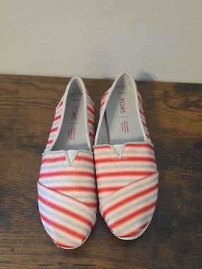 TOMS Striped Canvas Slip-Ons in Red and White with Sparkle Shine